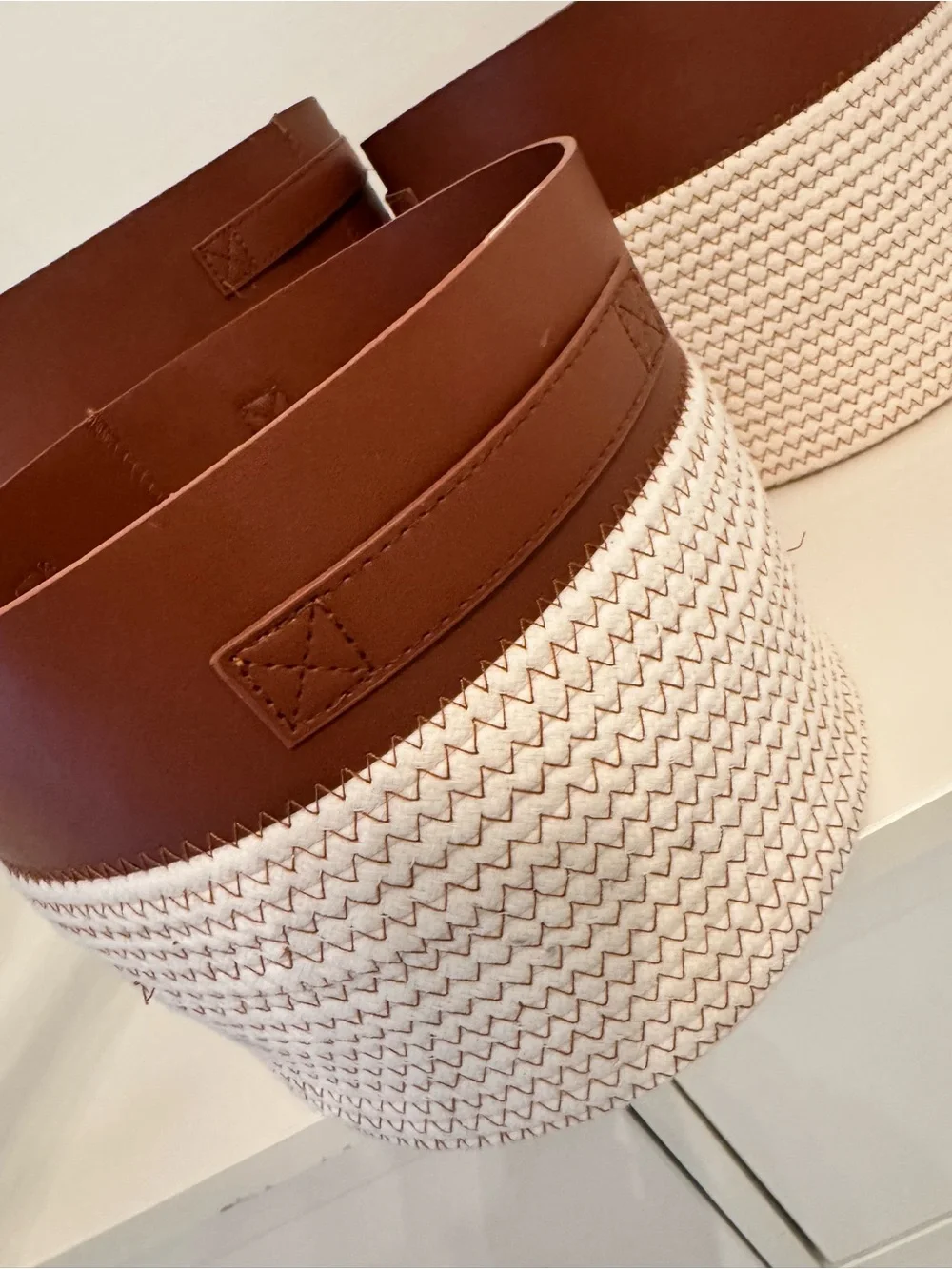 Set of 3 Brown & Cream Woven Rope and Faux Leather Storage Baskets